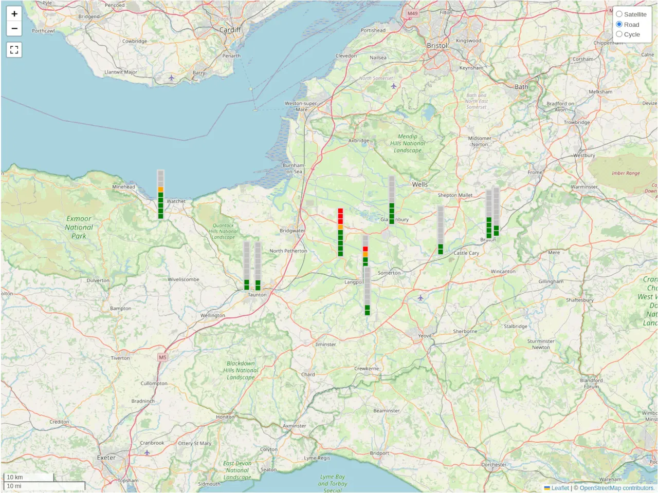 Map of river heights feeding the Somerset Levels.