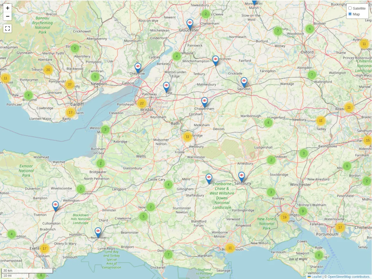 Map of UK train stations.